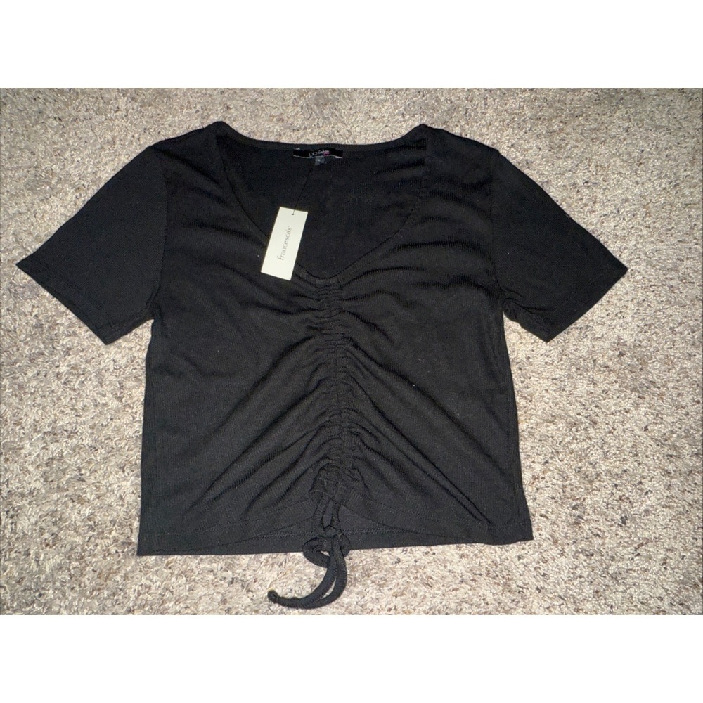 Glo Fashion London Black‎ Ribbed Crop Top  Size Large Short Sleeve V-Neck